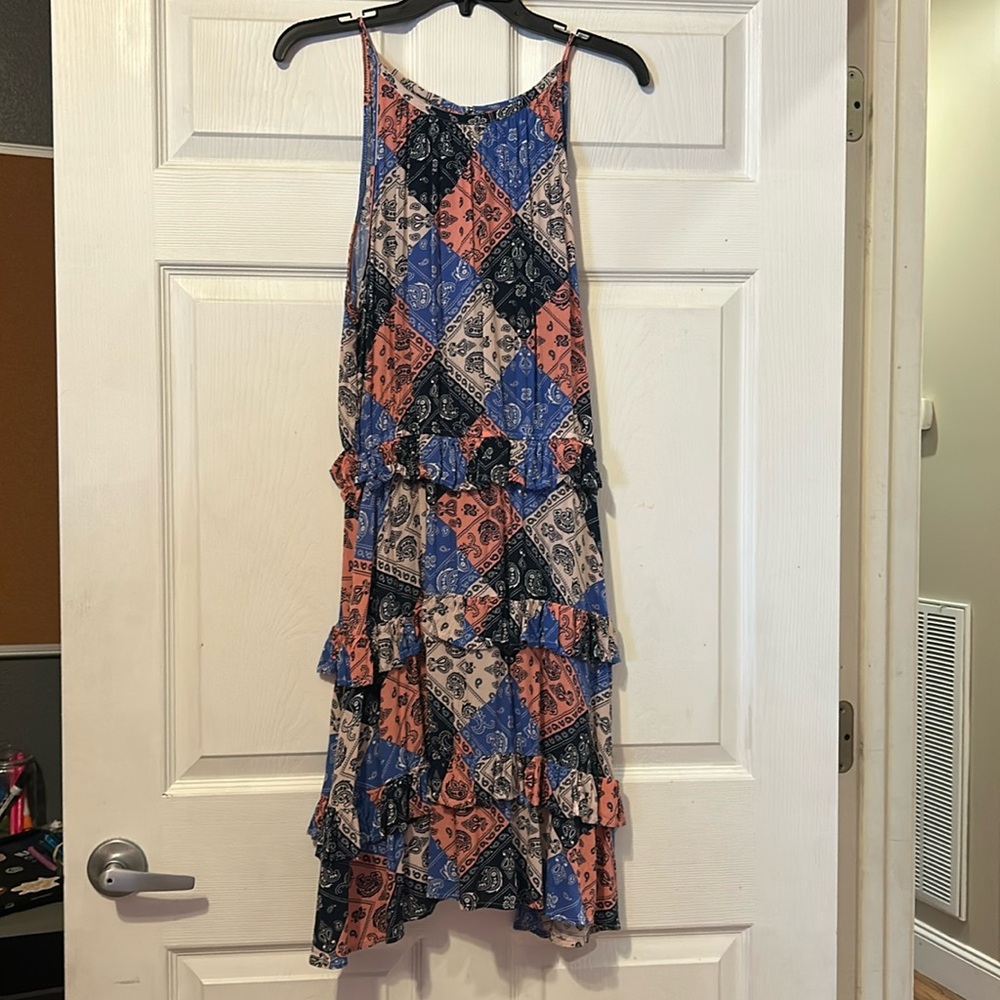 Wrangler Blue Navy Coral Paisley Print Tiered Dress